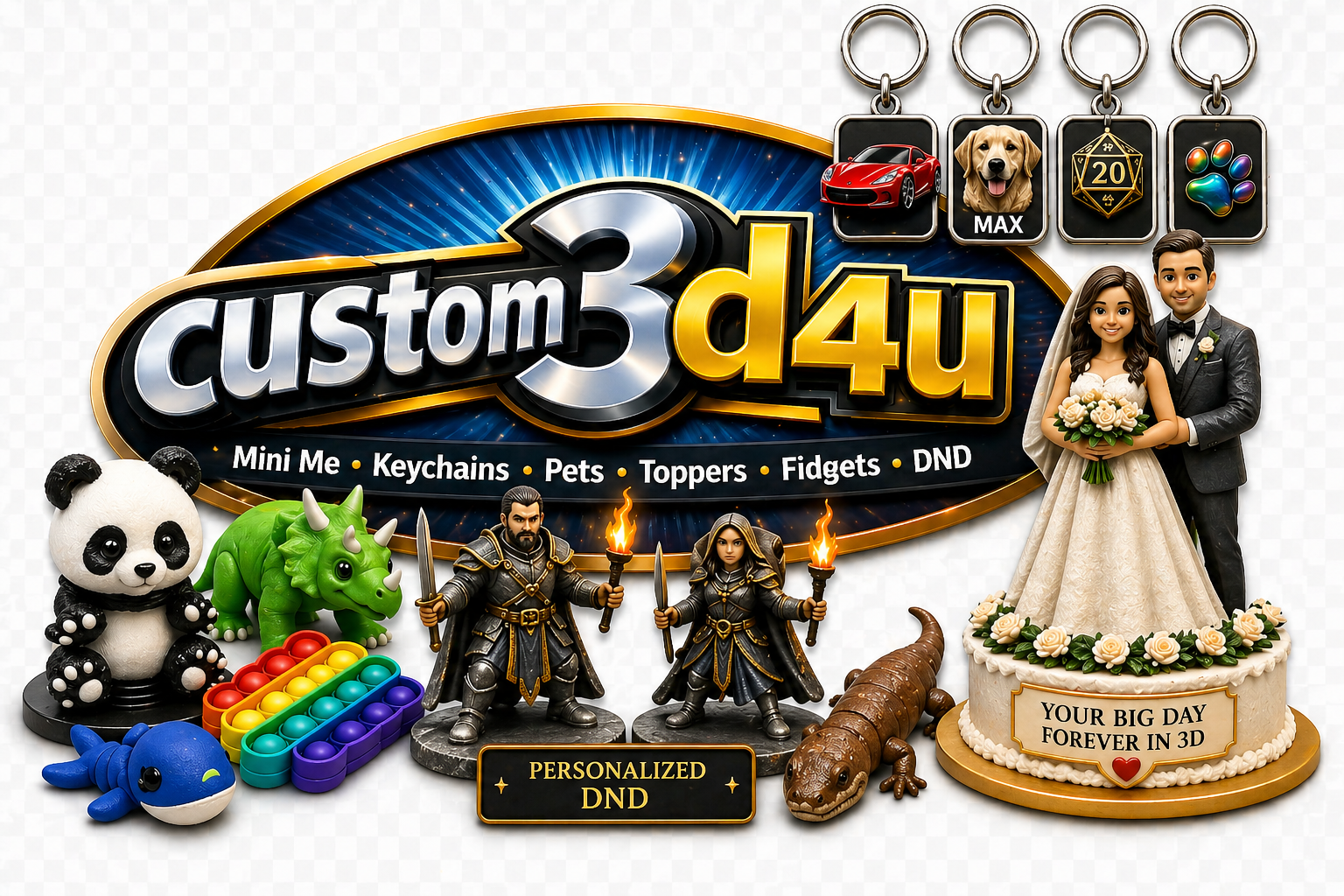 Custom3D4U — Mini Me, Statues, Keychains, Pets, Birthdays, Cake Toppers